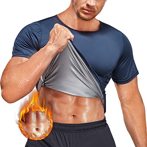 AGILONG Men Sauna Sweat Vest Heat Trapping Compression Shirts Gym Sauna Suit Workout Slimming Body Shaper for Weight Loss (Blue, Large)