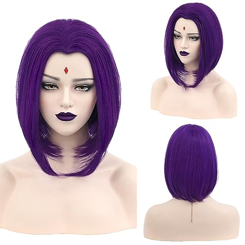 MUPUL Women's Raven Superhero Purple Short Bob Straight Wig with Widow's Peak Synthetic Hair Cosplay Wig for Halloween Costume Party Anime Wig (Purple/Raven)