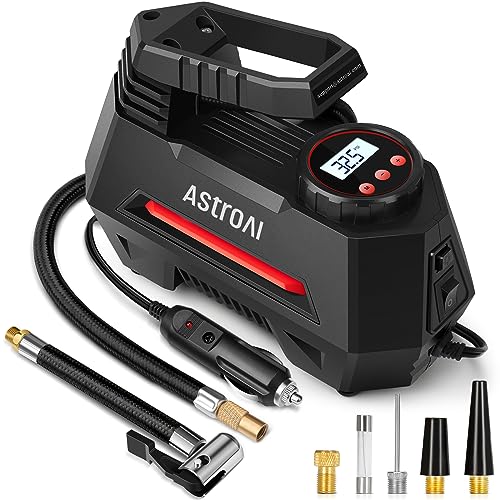 AstroAI Tire Inflator Portable Air Compressor Tire Air Pump for Car Tires - Car Accessories, 12V DC Auto Pump with Digital Pressure Gauge, Emergency LED Light for Bicycle, Balloons, Red