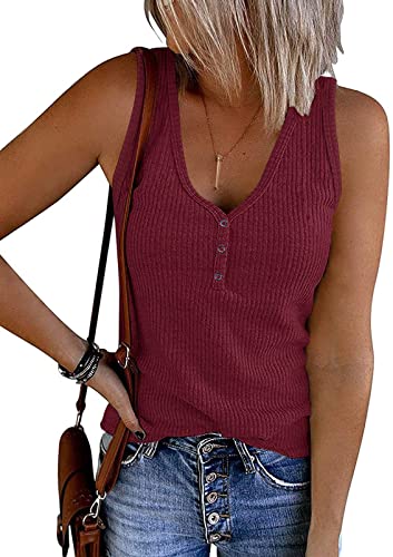 MEROKEETY Women's 2024 Casual Tank Tops Summer Solid Color Ribbed Sleeveless Basic Shirts, Wine, S