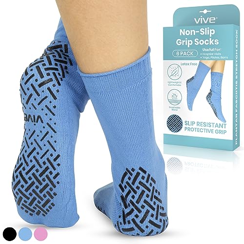 Vive Non-Slip Grip Socks (6 Pairs) - Hospital Slipper Socks for Women, Men - Anti-Slip Gripper Socks for, Yoga, Pilates