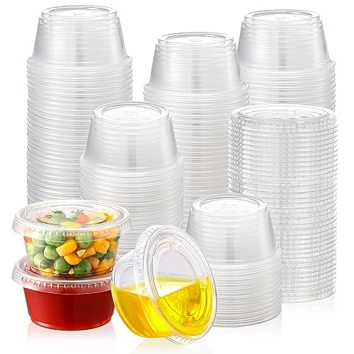 AOZITA [60 Sets - 2 oz Jello Shot Cups, Portion Cups With Lids, Small Plastic Containers with Lids, Airtight and Stackable Souffle Cups