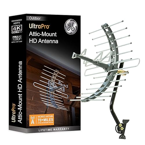 GE Outdoor HD Digital TV Antenna, Long Range Smart TV Antenna, Supports 4K 1080P HD Smart TV VHF UHF, J Mount Included for Attic or Outdoor, Weather Resistant, 29884