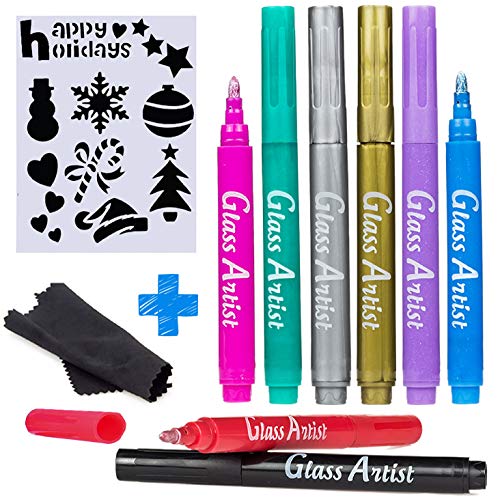 Glass Artist Wine Glass Markers - 8 Pack | 8 Metallic Color Pens with Stencils & Cleaning Cloth | Washable & Erasable | Great for Parties, Baby Showers, Weddings or Any Occasions | For Adults