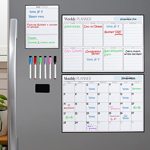 Cinch Magnetic Calendar Bundle: 3 Boards of 17'x12' -Monthly, Weekly, Daily- Magnetic Calendar for Fridge- Calendar White Board for Fridge- 6 Fine Tip Markers, Large Eraser, Magnets, Fridge Whiteboard