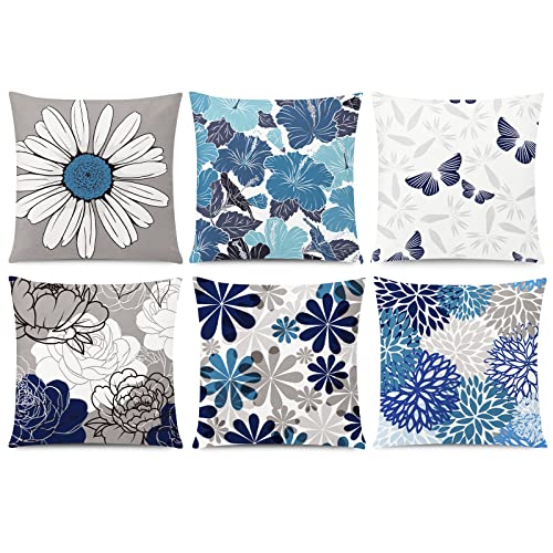 COMMINY Blue Grey Pillow Covers 18x18 Set of 6 Decorative Daisy Flower Throw Pillow Cover for Couch Modern Pillow Case for Patio Living Room Cushion Bed Outdoor Farmhouse Home Decor