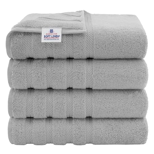 American Soft Linen Luxury 4 Piece Bath Towel Set, 100% Cotton Turkish Bath Towels for Bathroom, 27x54 in Large Bathroom Shower Towels, Light Grey Bath Towels