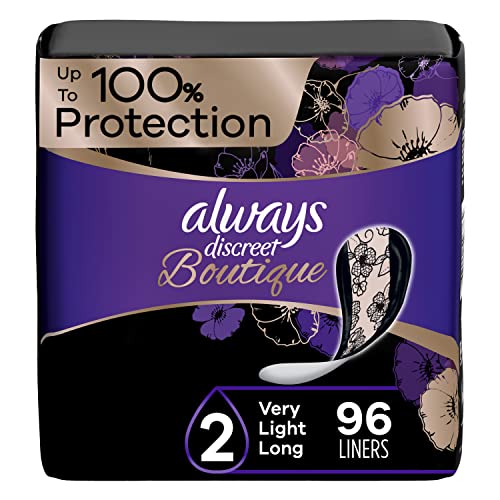 Always Discreet Boutique Adult Incontinence & Postpartum Liners For Women, Size 2, Very Light Absorbency, Long Length, 32 Count x 3 Packs (96 Count total)