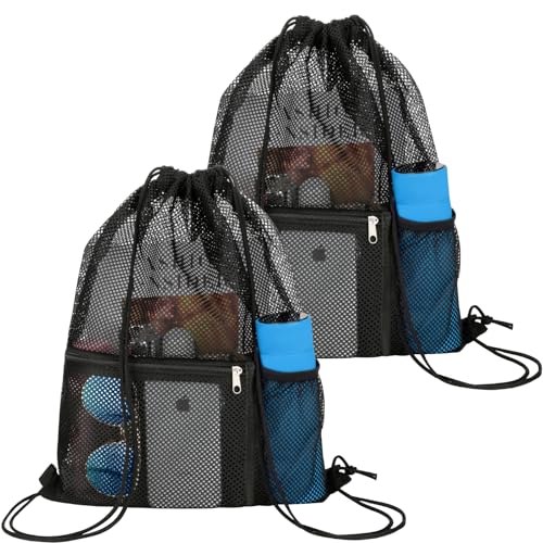 NATURAL STYLE 2 PACK Mesh Drawstring Backpack Bag, Multifunction Mesh Bag for Swimming, Athletic Gym, Clothes, Beach, Swim (Black)