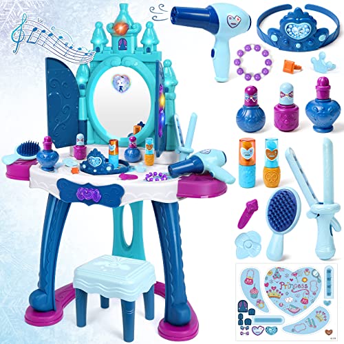 Kids Vanity Table Toys for 2 3 4 5 Year Old Girls Vanity, Toddler Vanity Set for Little Girl with Sound Light Induction & Beauty Accessories Makeup Table for Kid Princess Vanity Toy Set Girl Toy Gifts