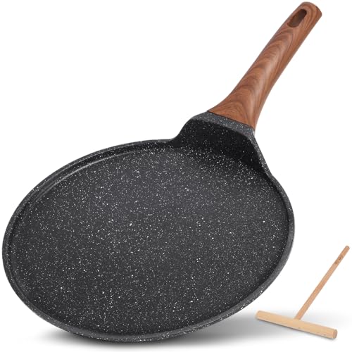 ESLITE LIFE 9.5 Inch Crepe Pan with Spreader, Nonstick Ceramic Flat Skillet Dosa Tawa Comales Para Tortillas Pancake Pan, PTFE & PFOA Free, Black