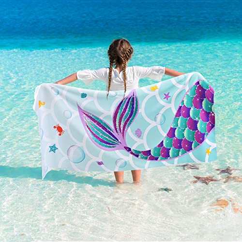 WERNNSAI Mermaid Beach Towel - 30” x 60” Mermaid Tail Polyester Camping Towels Girls Beach Towel Kids Beach Towel Soft Beach Pool Travel Swimming Bath Shower Towel