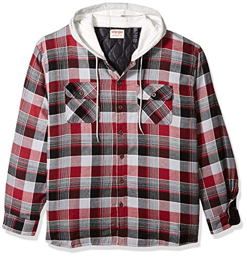Wrangler Authentics Men's Long Sleeve Quilted Lined Flannel Shirt Jacket with Hood, Biking Red, Large
