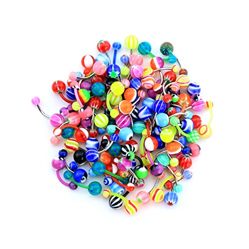 CM Crareesi Mania 50PCS Belly Rings Pack Random Belly Button Bars Stainless Steel/Acrylic Banana Barbells Navel Barbell for Navel Piercing Jewellery