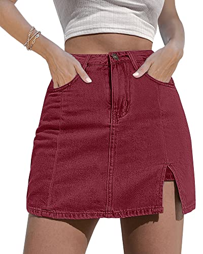 luvamia Skorts Skirts for Women Denim Mini Skirt Side Slit with High Waisted Jean Shorts Stretchy Red Mini Skirts for Women Womens Mini Skirt Beach Shorts Women Viva Magenta Rumba Red Size Medium