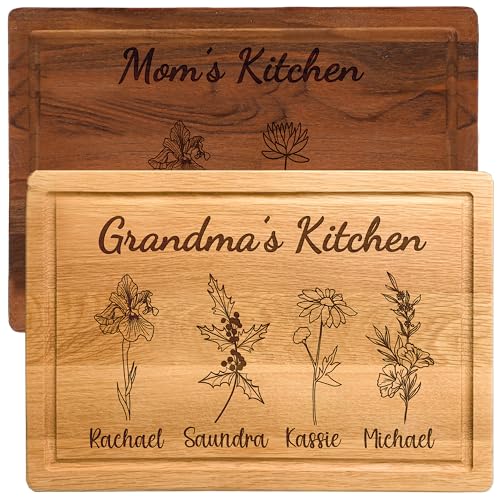 Personalized Cutting Board For Mom - Grandma, Birth Flower Grandmom's Garden, Mothers Day Gifts For Grandma, Christmas and Birthday Gifts For Mom From Son, Daughter, Chopping Board for Mama's Kitchen