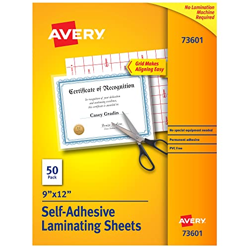 Avery Clear Laminating Sheets, 9' x 12', Permanent Self-Adhesive, 50 Sheets (73601)