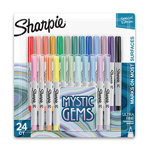 SHARPIE Permanent Markers, Ultra Fine Point, Featuring Mystic Gem Color Markers, Assorted, 24 Count, Includes Lavender