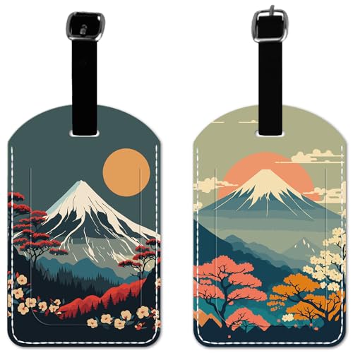 2 Pack Luggage Tag for Suitcase, Mount Fuji and Cherry Blossoms PU Leather Suitcase Tags with Privacy Flap Name ID Label and Durable Adjustable Leather Loop for Women Men Luggage Travel Essentials