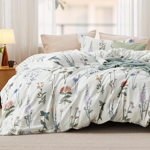 Bedsure Floral White Comforter Set - Bedding Comforter Set King Size, Fluffy Soft Microfiber Comforter, 3 Pieces Cute Botanical Bed Set, Includes 2 Pillow Shams for Women