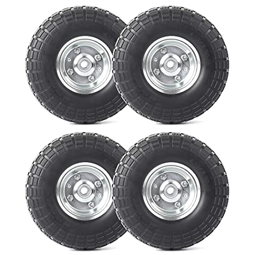 AR-PRO 4.10/3.50-4' Flat Free Tire and Wheel (4-Pack) - 10 Inch Solid Rubber Tires with 5/8' Bearings, 2.2' Offset Hub - Compatible with Garden Wagon Carts,Hand Truck,Wheelbarrow,Dolly,Utility Cart