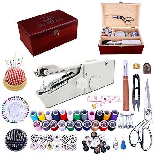 Handheld Sewing Machine, Hand held Sewing Device Heavy duty, Hand Sewing Machine Portable, Wooden Sewing Box with 153 Pcs Sewing Kit
