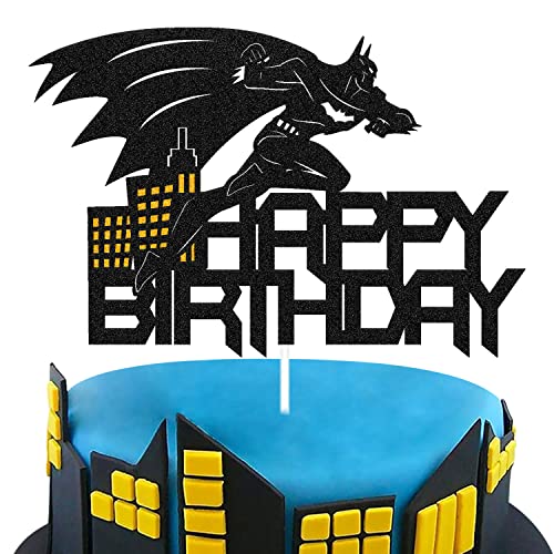 Superhero Bat Birthday Cake Topper Man Boy Happy Birthday Cake Decorations for Cartoon Hero Themed Bday Party Supplies Glitter Black Decor