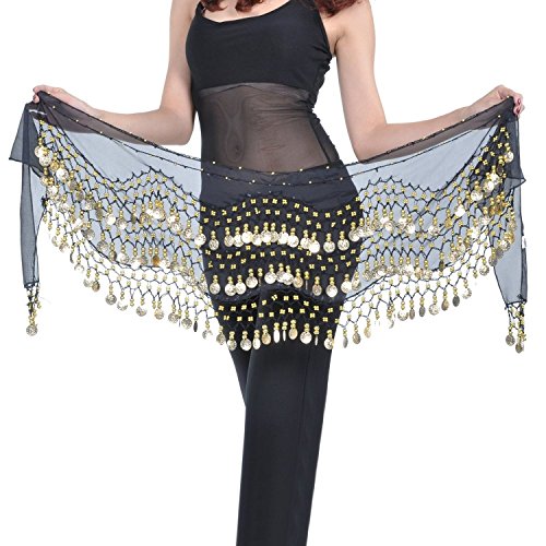 REINDEAR Vogue Style Chiffon Dangling Gold Coins Belly Dance Hip Scarf (Black)