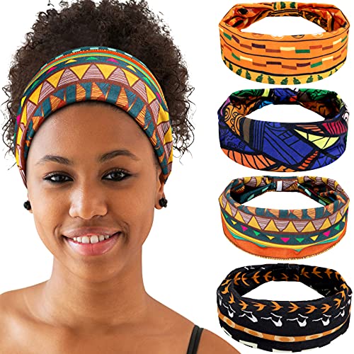WILLBOND 4 Piece African Yoga Headband Stretchy Wide Knotted Hair Band African Hair Accessories for Women and Girls (Vintage Series)