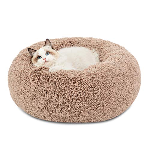Bedsure Calming Cat Beds for Indoor Cats - Small Cat Bed Washable 20 inches, Anti-Slip Round Fluffy Plush Faux Fur Pet Bed, Fits up to 15 lbs Pets, Camel