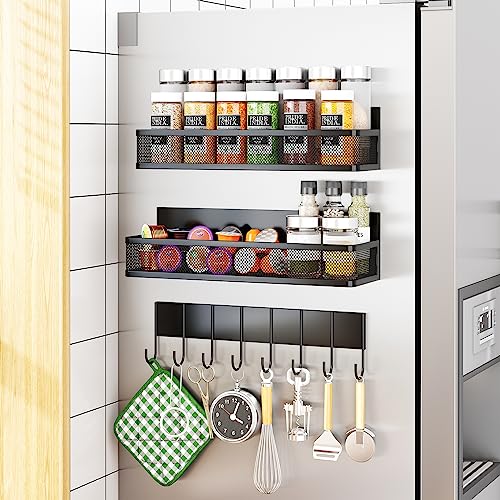 Aufworld Magnetic Spice Rack for Refrigerator, 3 Pack Magnetic Shelf, Moveable Magnetic Fridge Organizer with 8-Hook Rack for Kitchen Organization and Storage