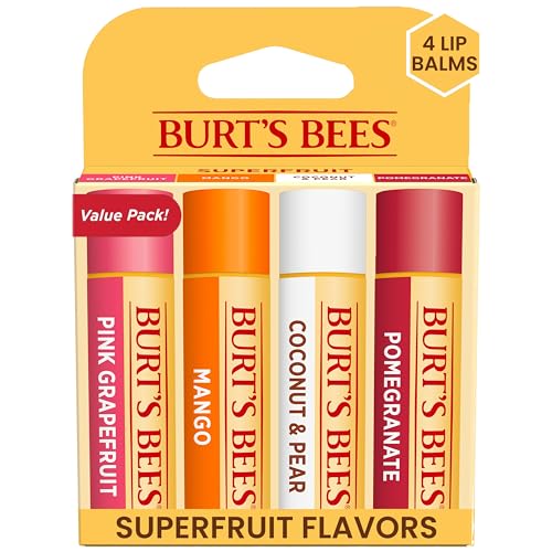 Burt's Bees Lip Balm Mothers Day Gifts for Mom - Pink Grapefruit, Mango, Coconut & Pear, and Pomegranate, Lip Moisturizer With Beeswax, Tint-Free, Natural Origin Lip Treatment, 4 Tubes, 0.15 oz.