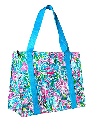 Lilly Pulitzer Insulated Market Shopper Bag Large Capacity, Oversize Reusable Grocery Tote with Thermal Insulated Interior, Golden Hour