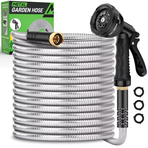 Metal Garden Hose 50ft, Heavy Duty Stainless Steel Water Hose with 10 Functional Nozzles, No Kink, Lightweight and Flexible, Easy to Use and Store, Strong and Sturdy, Suitable for Yard and Lawn