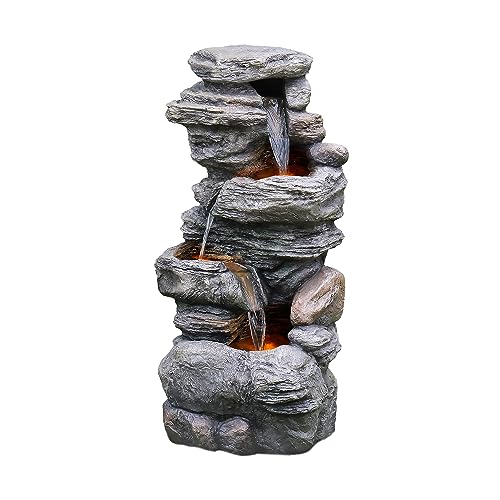 Teamson Home 39.37 in. Outdoor Faux Stacked Stone 4-Tier Water Fountain with LED Lights and Pump, Gray