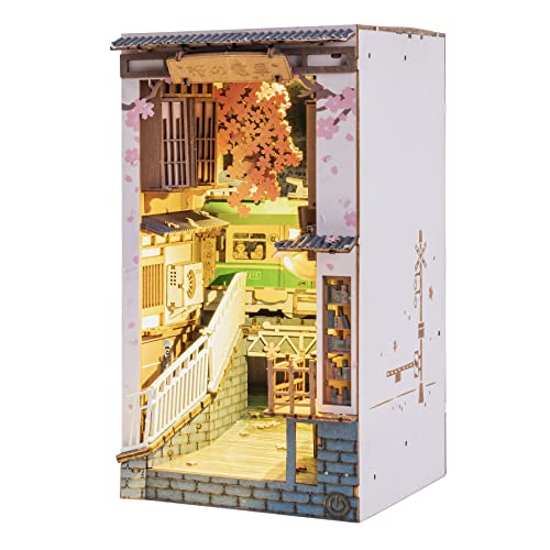 Rowood Book Nook Kit, Bookshelf Insert Decor Alley 3D Wooden Puzzle, DIY Bookend Building Set Model Kit with LED Light -Sakura Tram