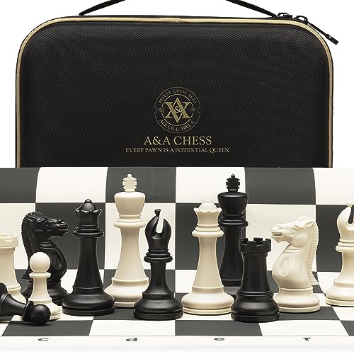 A&A Tournament Chess Set/ 20''x20'' Foldable Silicone Chess Board / 3.75'' King Height Plastic Quadruple Weighted Classic Staunton Pieces/Storage Bag For 6 Years Old - 2 Players