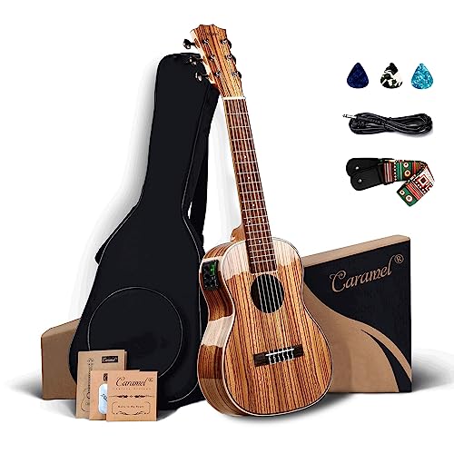 Caramel 6 String CB103G 30 Inch High Gloss Zebra Wood Acoustic & Electric Ukulele Guitalele with Truss Rod with Padded Gig Bag, Strap