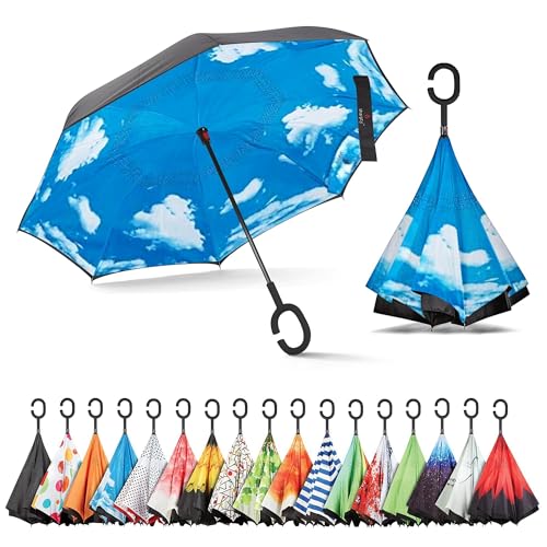 Sharpty Inverted Umbrella for Women - Windproof & Reverse - Easy to Open and Close - Upside Down & C-Shaped Handle - Rain & Wind Resistant - For Travel - Blue Sky