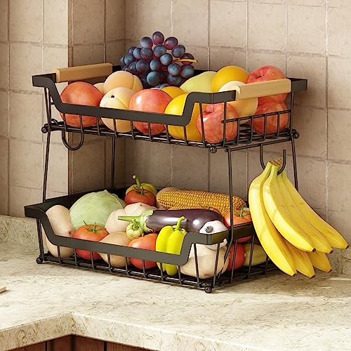 GILLAS 2 Tier Countertop Fruit Basket with 2 Banana Hangers for Kitchen, Detachable Metal Organizer for Bread Vegetable Fruits with Wooden Handle, Large Capacity Rectangular Storage Stand Bowls, Black