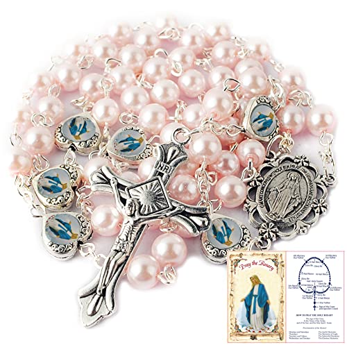 HanlinCC Glass Pearl Beads with Miraculous Epoxy Heart Metal Beads Rosary Necklace pack in Velvet Gift Bag with Rosary Pray Card (Pink)