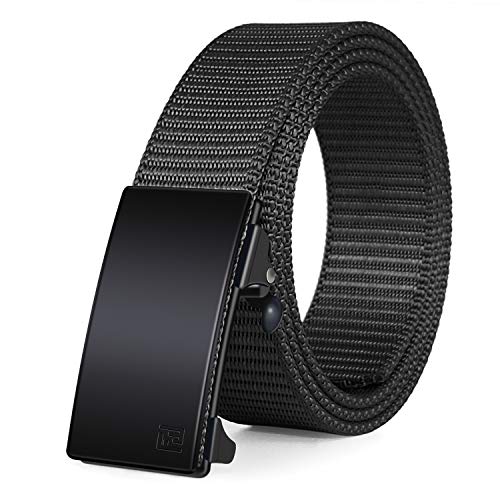 FAIRWIN Ratchet Web Belt,1.25 inch Nylon Web Automatic Slide Buckle Belt - No Holes and Invisible Belt Tail Web Belt for Men (Black, 46-50)