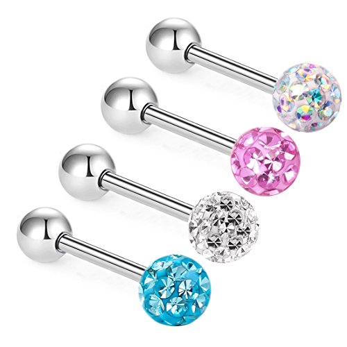 ZHIYAOR Anti-allergy Surgical Steel Tongue Rings Women Handmade Epoxy Crystal Piercing Barbells 14G 16mm (AB+Blue+Pink+White)