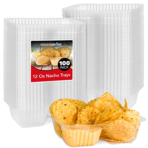 12oz Plastic Nacho Trays (100 Pack) Small Disposable Tray for Nachos & Cheese Dip, Concession Stand Supplies, Movie Night Snacks for Kids, Carnival Party Decorations, Food Boats, Snack Containers…