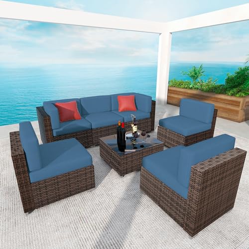 yoyomax 7 Pieces Patio Furniture Set Outdoor Sectional Sofa, All Weather Rattan Chairs, Cushions w/Removable Cover, Tempered Glass Coffee Table, Seat Clips, Ideal for Balcony-Garden-Poolside