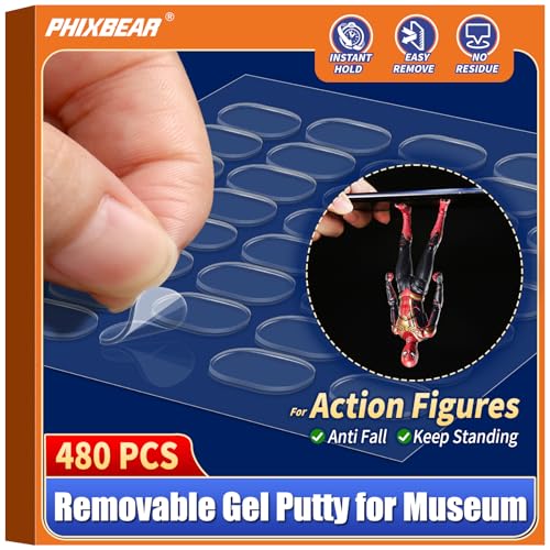 PHIXBEAR 480 Pcs Removable Gel Glue Putty for Museum Action Figures, Clear Earthquake Putty Adhesive Dots, Sticky Tack for Wall Hanging, 0.31x 0.51' Wax Mounting Putty