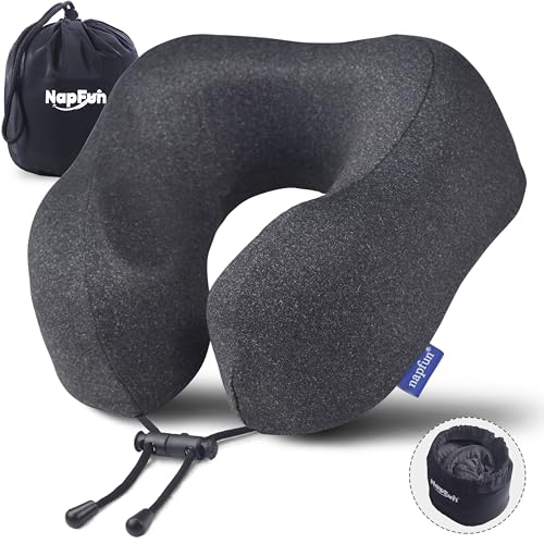 napfun Travel Pillow, Travel Accessories & Travel Essentials for Airplane Upgraded 100% Pure Memory Foam Travel Neck Pillow for Flight Headrest Sleep, Portable Plane Necessities, Full Black