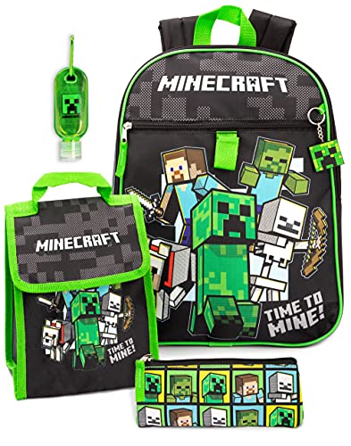 Minecraft Backpack for Kids 5 Piece Creeper Zombie School Lunch Bag Gamer