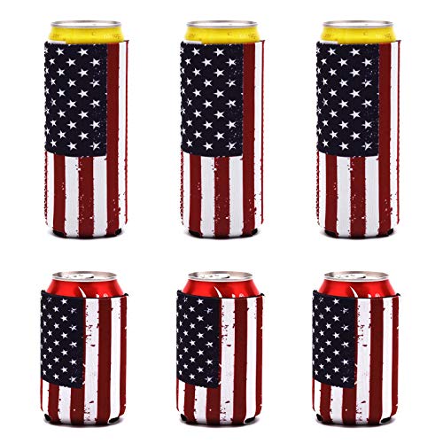 XINRUI Can Coolers Sleeves,6 Pack USA Flag Reusable Beer Bottle Cup Insulator 12 oz Neoprene Hot and Cold Drinks Soda Cover for Events or Weddings Bachelorette Parties Funny Party Supplies(Flag)