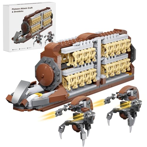 Battle Army Clone Platoon Attack Craft Building Kit 32-Piece, Battle Soldiers Troop Carrier with 2 Droidekas, Building Blocks Action Figures Army Toys for Kids 6-12